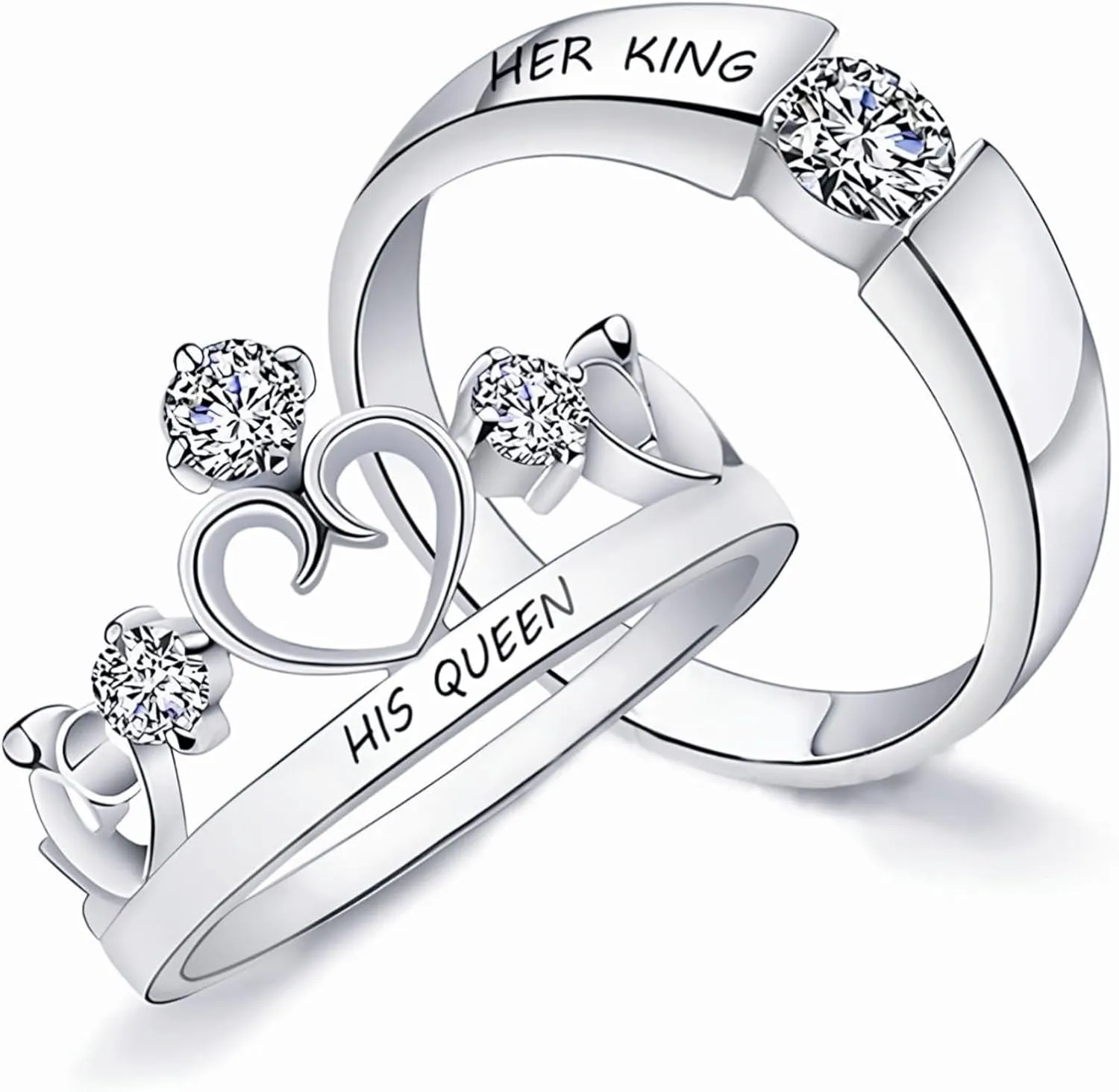 Crown Rings: Matching Promise & Engagement Set - Sterling Silver & Solid Gold (10K, 14K, 18K) - Engraved Couples Rings