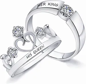 Crown Rings: Matching Promise & Engagement Set - Sterling Silver & Solid Gold (10K, 14K, 18K) - Engraved Couples Rings