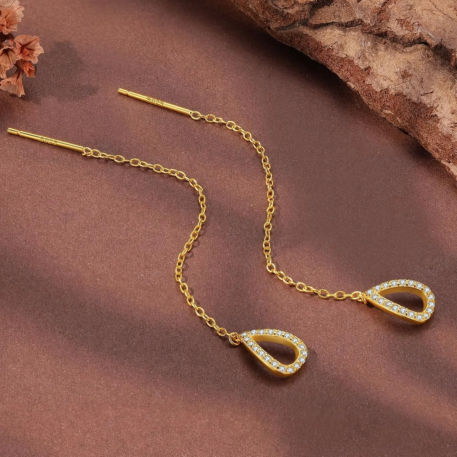 Cubic Zirconia Teardrop Threader Earrings for Women S925 Sterling Silver Long Chain Ear Line Earrings CZ Tassel Threader Drop Earrings Graduation Gifts for Her Lightweight Birthday Jewelry Gifts