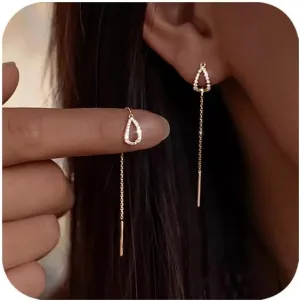 Cubic Zirconia Teardrop Threader Earrings for Women S925 Sterling Silver Long Chain Ear Line Earrings CZ Tassel Threader Drop Earrings Graduation Gifts for Her Lightweight Birthday Jewelry Gifts