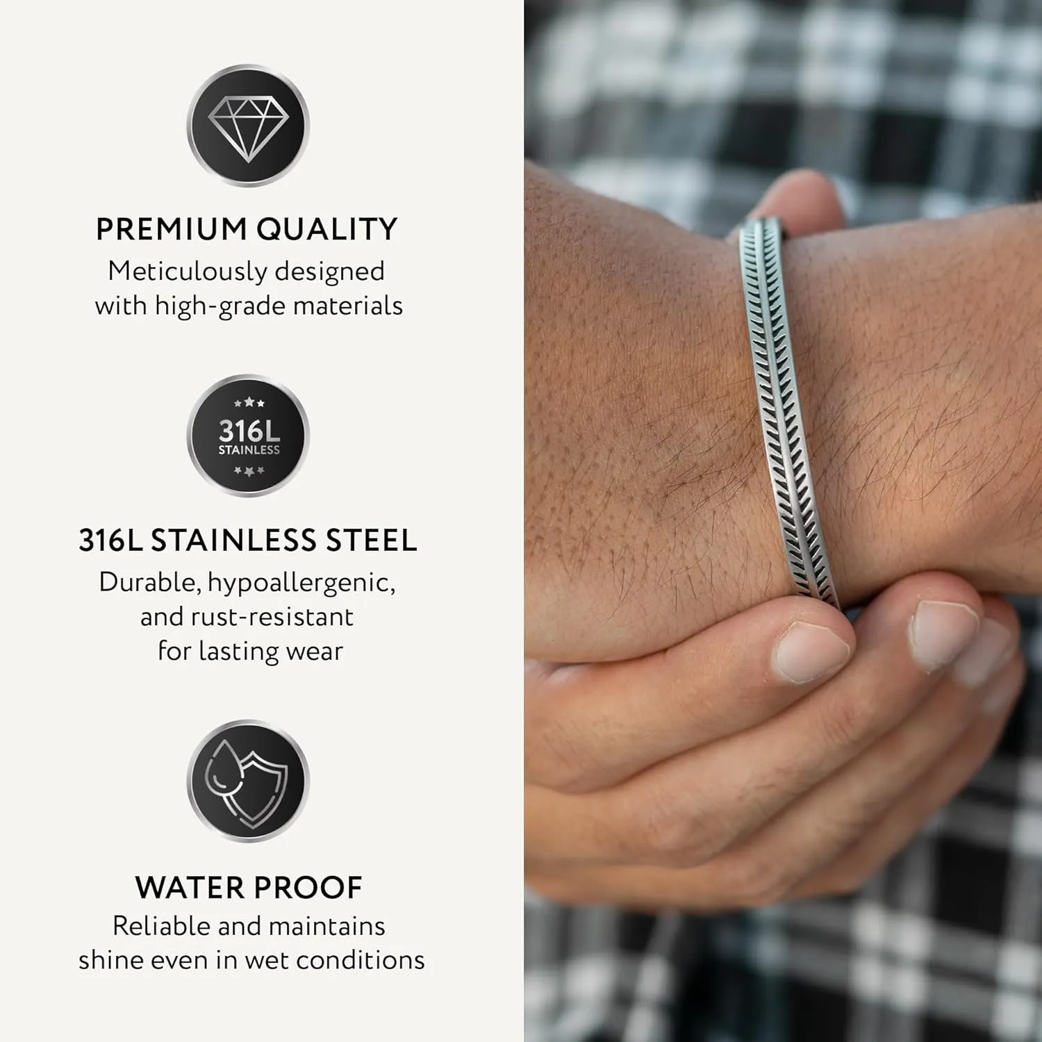 Cuff Bracelet for Men Premium Stainless Steel Mens Bangle Bracelets Silver Cuff Bracelet Waterproof & Non-Tarnish Minimal Western Bracelet