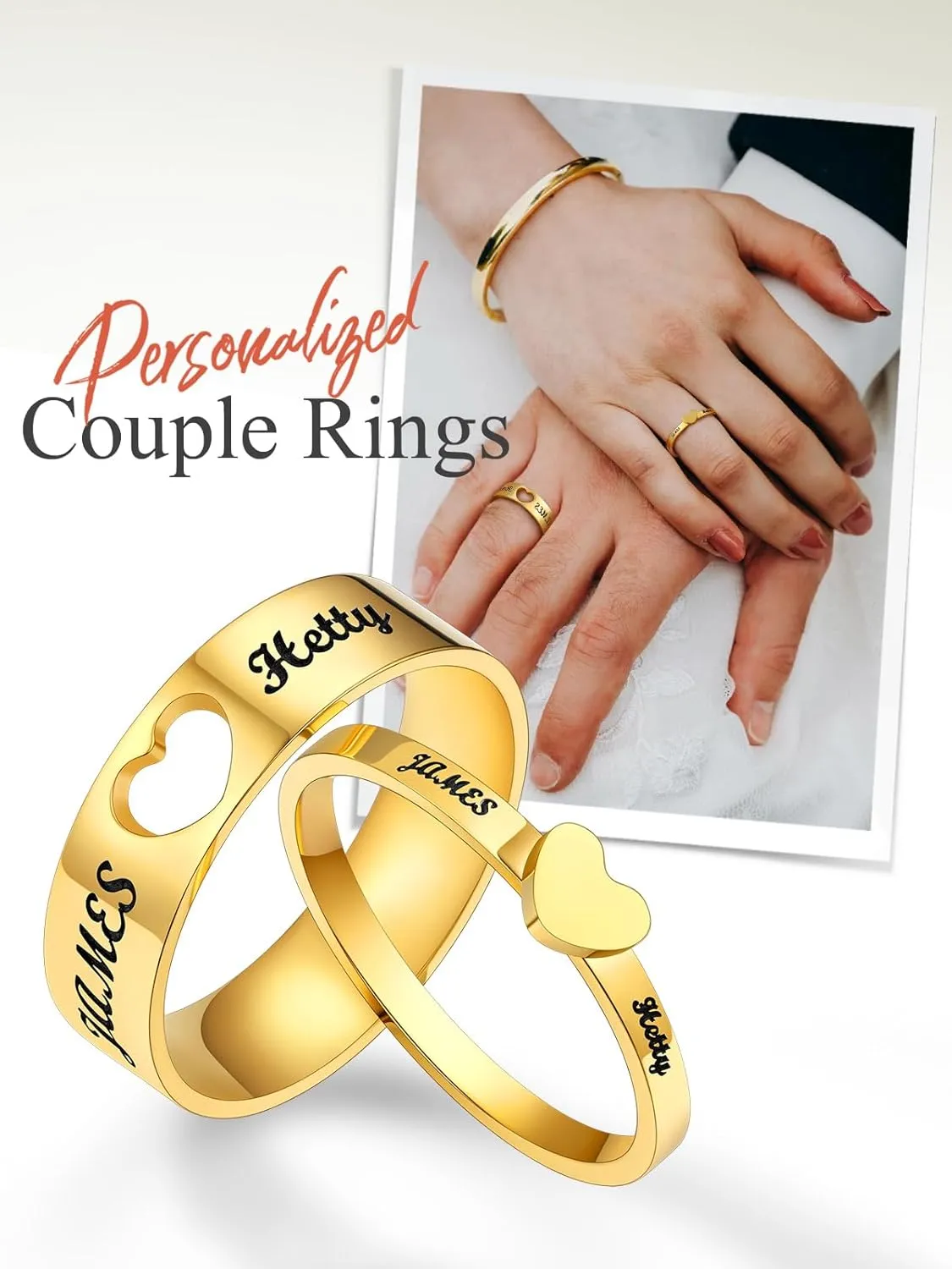 Custom4U Stainless Steel Promise Rings for Couples Custom Couple Rings for Him and Her Set Engraved Name Love Heart Wedding Band Anniversary Birthday Valentines Day Jewelry Gifts (with Gift Box)