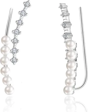 CZ Pearl Climber Earrings for Women Cubic Zirconia Ear Cuffs Crawler Earring Hypoallergenic Ear Piercing Post Pin Cartilage Jewelry Mother's Day Birthday Gifts