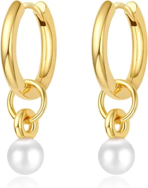 DAILY VIBES Small Gold Star Pearl Drop Dangle Earrings for Women Dainty 925 Sterling Silver Post Asymmetrical Mini 14K Gold Plated Huggie Hoop Earrings for Women