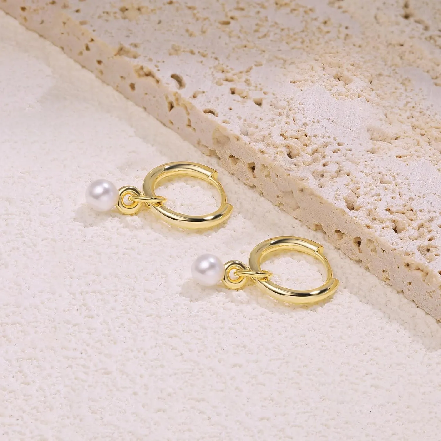 DAILY VIBES Small Gold Star Pearl Drop Dangle Earrings for Women Dainty 925 Sterling Silver Post Asymmetrical Mini 14K Gold Plated Huggie Hoop Earrings for Women