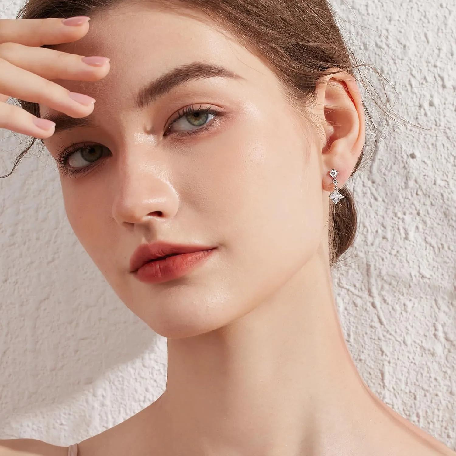 Dainty Dangle Drop Earrings for Women, 18K White Gold Simulated Diamond Stud Earrings 925 Sterling Silver Cubic Zirconia Small Drop Earrings for Women