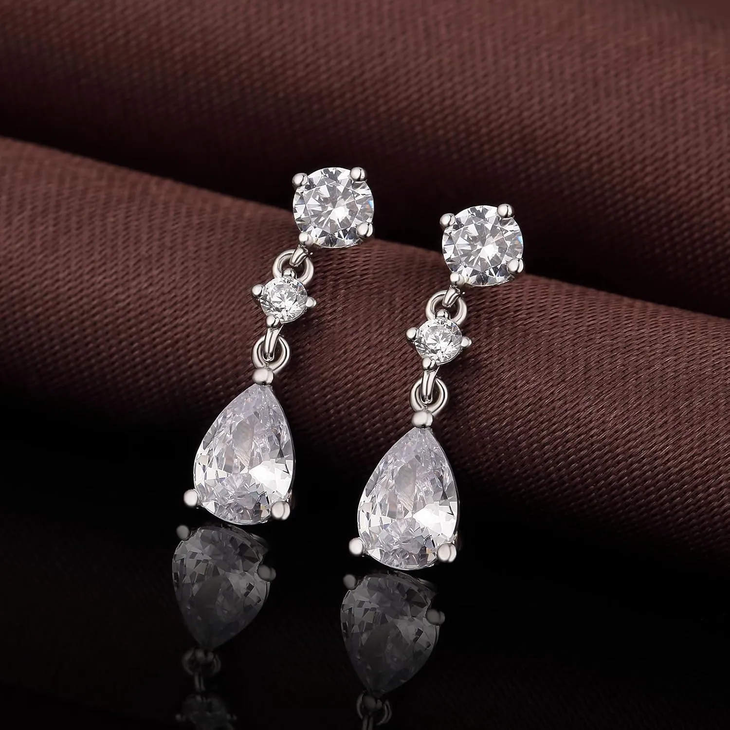 Dainty Dangle Drop Earrings for Women, 18K White Gold Simulated Diamond Stud Earrings 925 Sterling Silver Cubic Zirconia Small Drop Earrings for Women