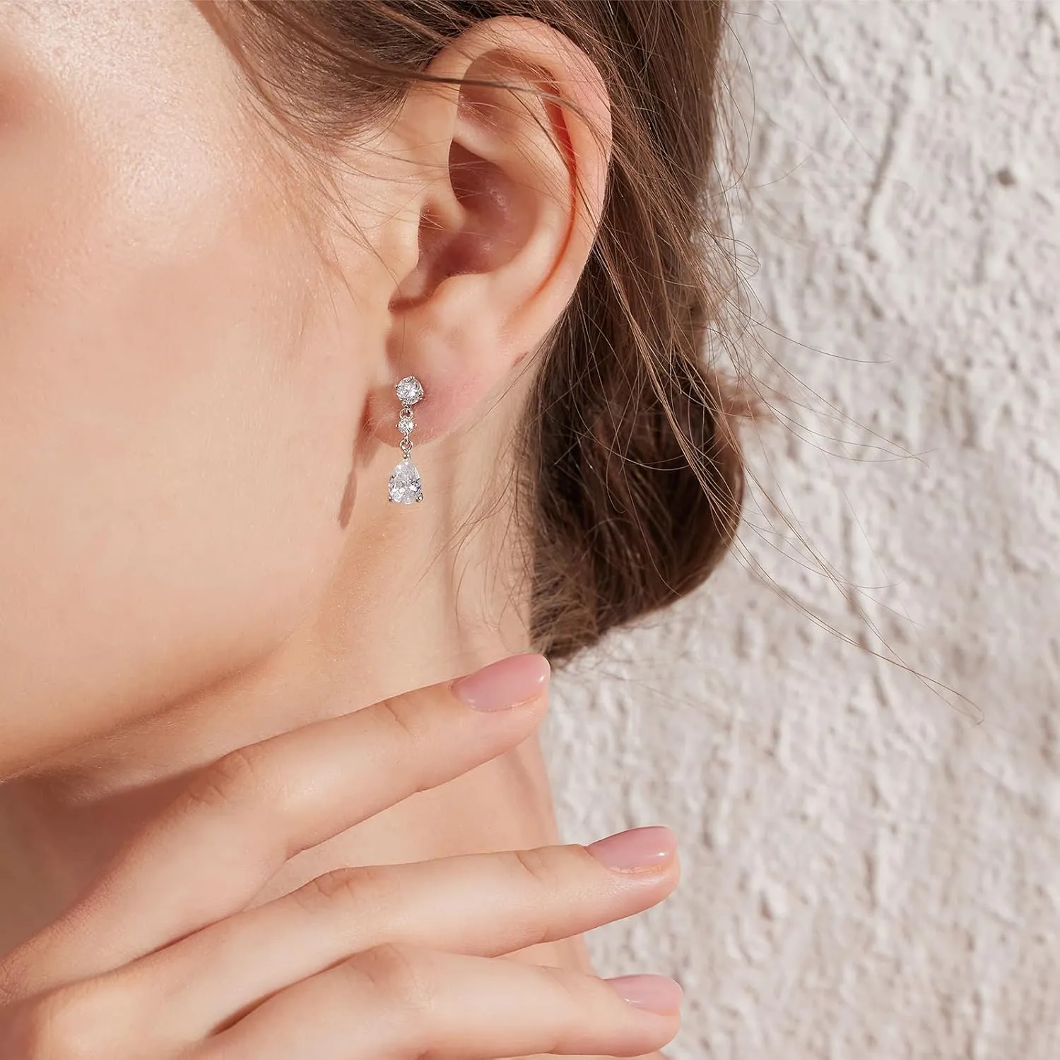 Dainty Dangle Drop Earrings for Women, 18K White Gold Simulated Diamond Stud Earrings 925 Sterling Silver Cubic Zirconia Small Drop Earrings for Women