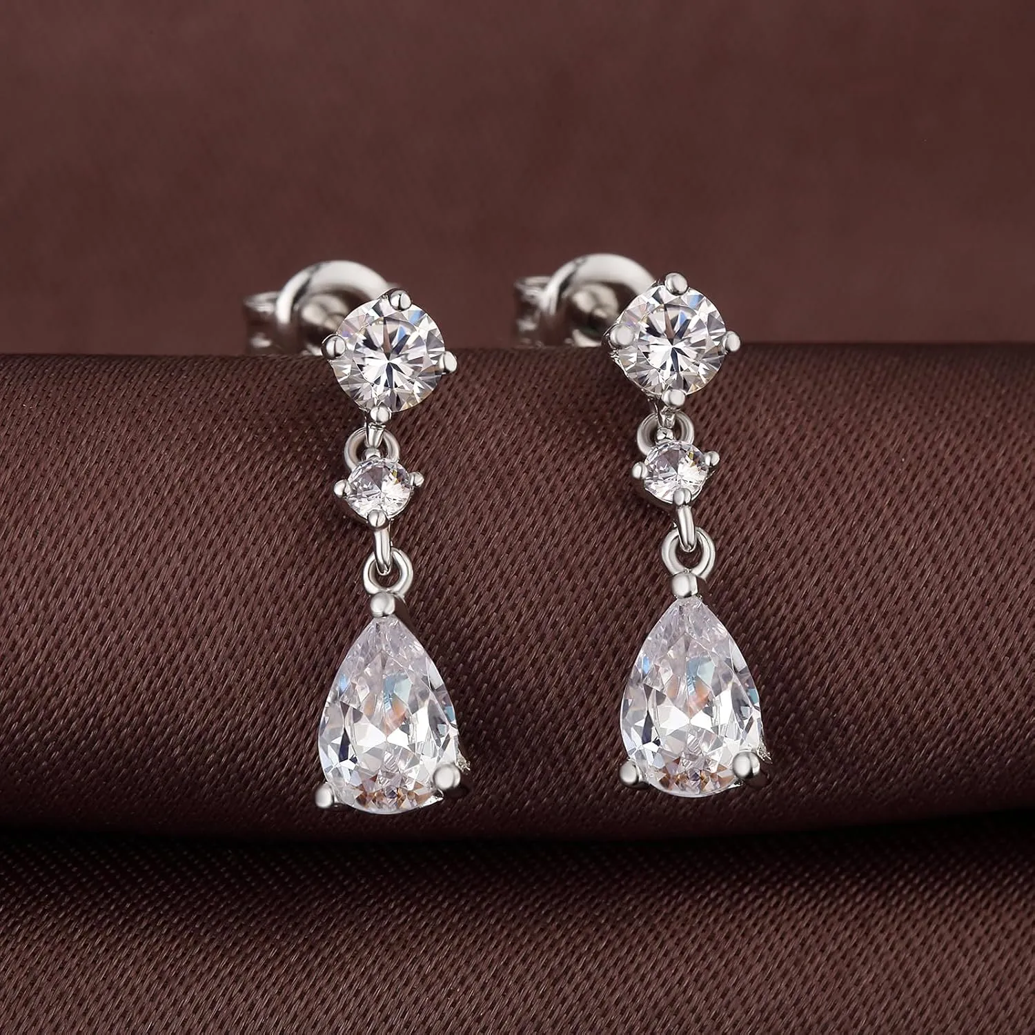 Dainty Dangle Drop Earrings for Women, 18K White Gold Simulated Diamond Stud Earrings 925 Sterling Silver Cubic Zirconia Small Drop Earrings for Women