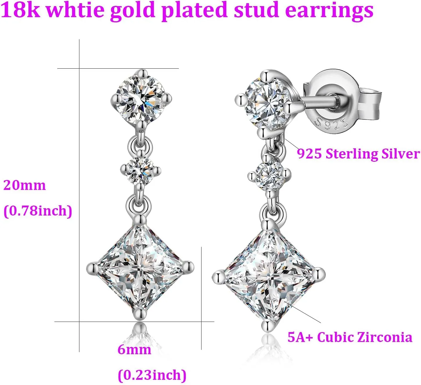 Dainty Dangle Drop Earrings for Women, 18K White Gold Simulated Diamond Stud Earrings 925 Sterling Silver Cubic Zirconia Small Drop Earrings for Women