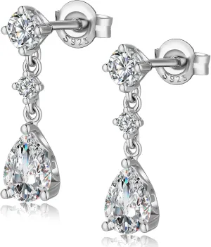 Dainty Dangle Drop Earrings for Women, 18K White Gold Simulated Diamond Stud Earrings 925 Sterling Silver Cubic Zirconia Small Drop Earrings for Women