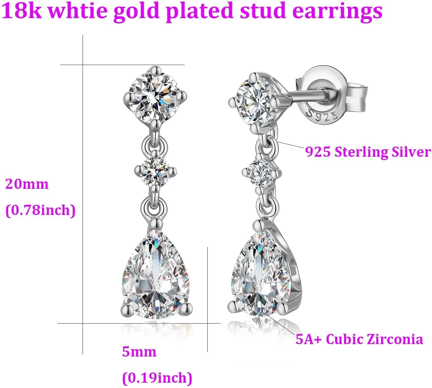 Dainty Dangle Drop Earrings for Women, 18K White Gold Simulated Diamond Stud Earrings 925 Sterling Silver Cubic Zirconia Small Drop Earrings for Women