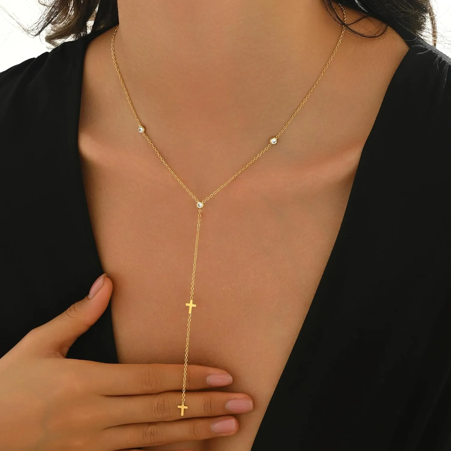 Dainty Lariat Necklace for Women 18K Gold Plated Trendy CZ Beaded Chain Drop Necklaces Long Y-Shaped Pendant Jewelry Necklace for Women Gift