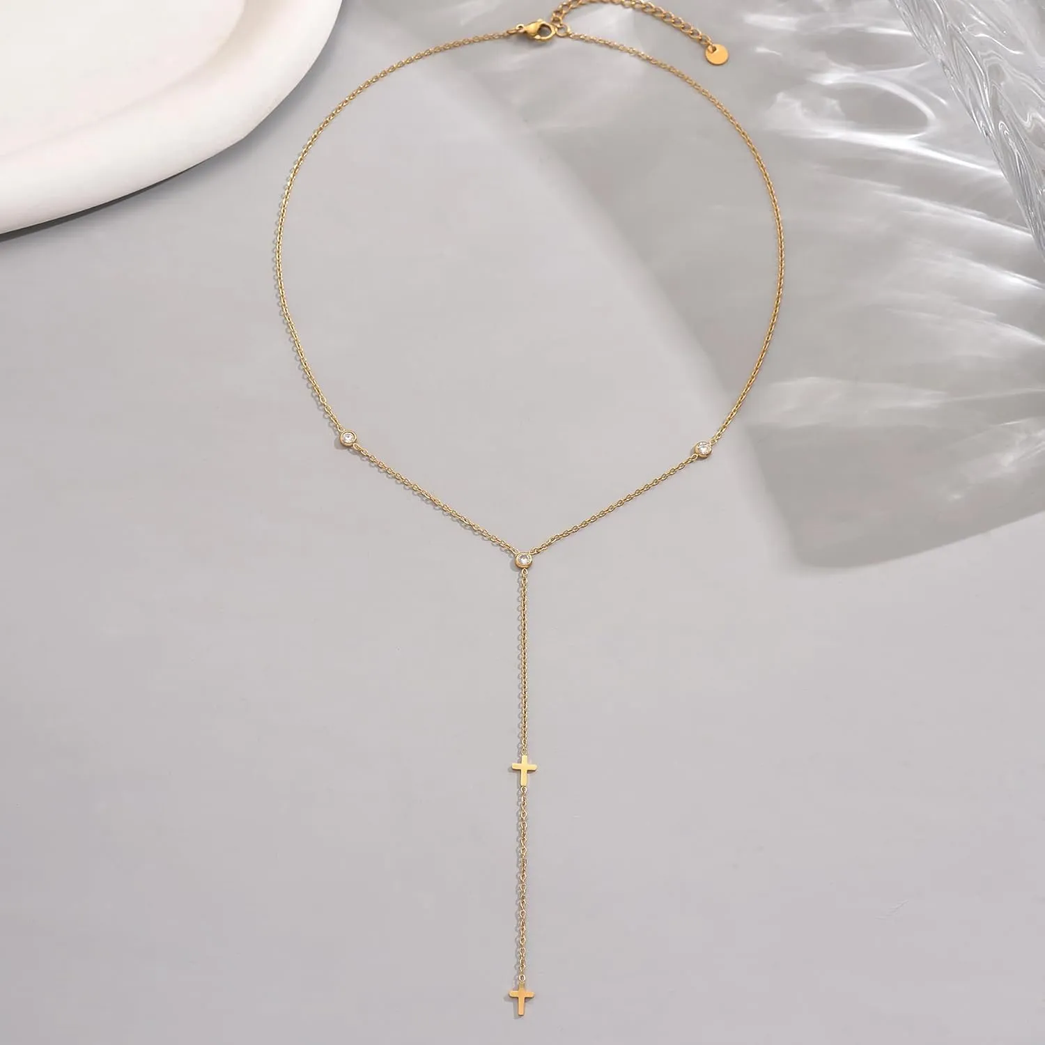 Dainty Lariat Necklace for Women 18K Gold Plated Trendy CZ Beaded Chain Drop Necklaces Long Y-Shaped Pendant Jewelry Necklace for Women Gift