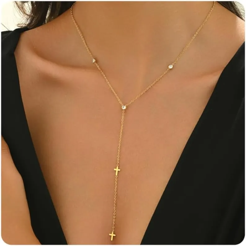 Dainty Lariat Necklace for Women 18K Gold Plated Trendy CZ Beaded Chain Drop Necklaces Long Y-Shaped Pendant Jewelry Necklace for Women Gift