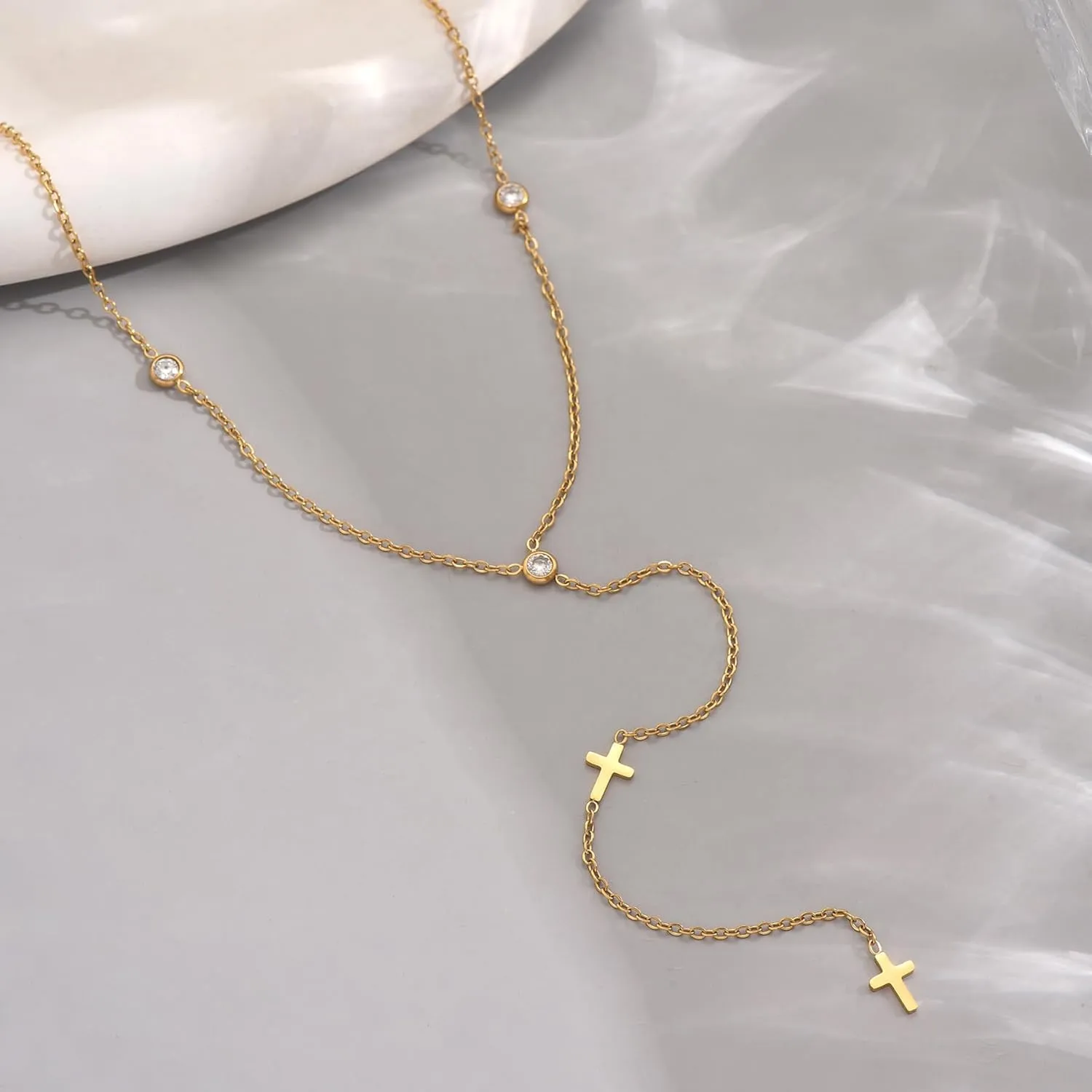 Dainty Lariat Necklace for Women 18K Gold Plated Trendy CZ Beaded Chain Drop Necklaces Long Y-Shaped Pendant Jewelry Necklace for Women Gift