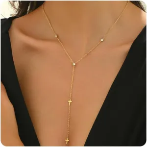 Dainty Lariat Necklace for Women 18K Gold Plated Trendy CZ Beaded Chain Drop Necklaces Long Y-Shaped Pendant Jewelry Necklace for Women Gift