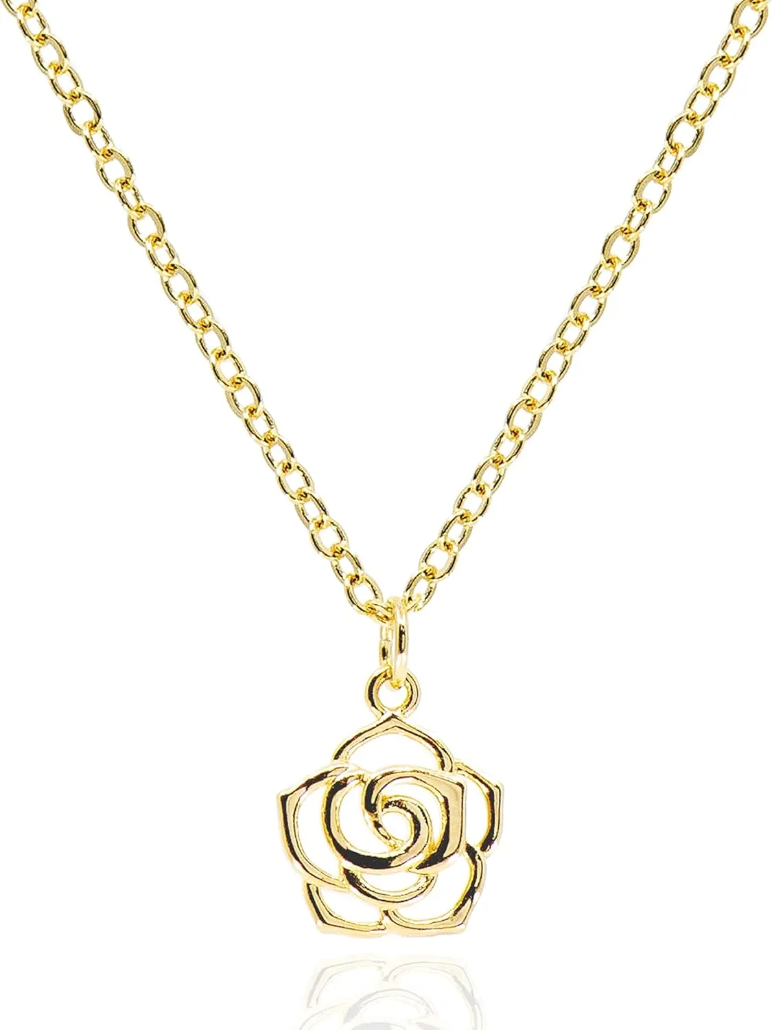 Dainty Simple Rose Pendant Necklace for Women  14K Gold Plated Open Rose Outline Flower Nature Jewelry  Mothers Day Gifts Minimalist Bridesmaid Necklaces [RSN]