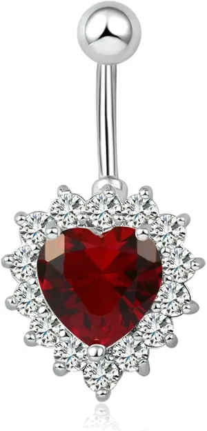 Dangle Navel Ring Stainless Steel, CZ Unique Navel Rings for Women Flower Pendant Red Navel Rings