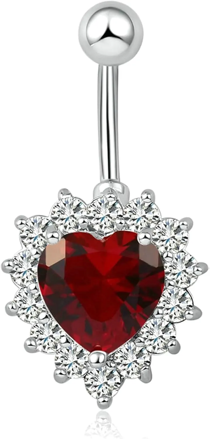 Dangle Navel Ring Stainless Steel, CZ Unique Navel Rings for Women Flower Pendant Red Navel Rings