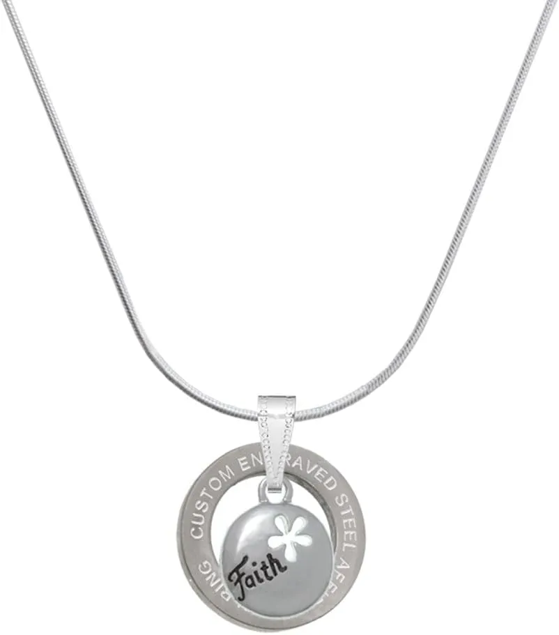 Delight Jewelry Silvertone Faith Disc with Cutout Flower Silver-tone Custom Engraved Ring Necklace, 18"