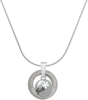 Delight Jewelry Silvertone Faith Disc with Cutout Flower Silver-tone Custom Engraved Ring Necklace, 18"
