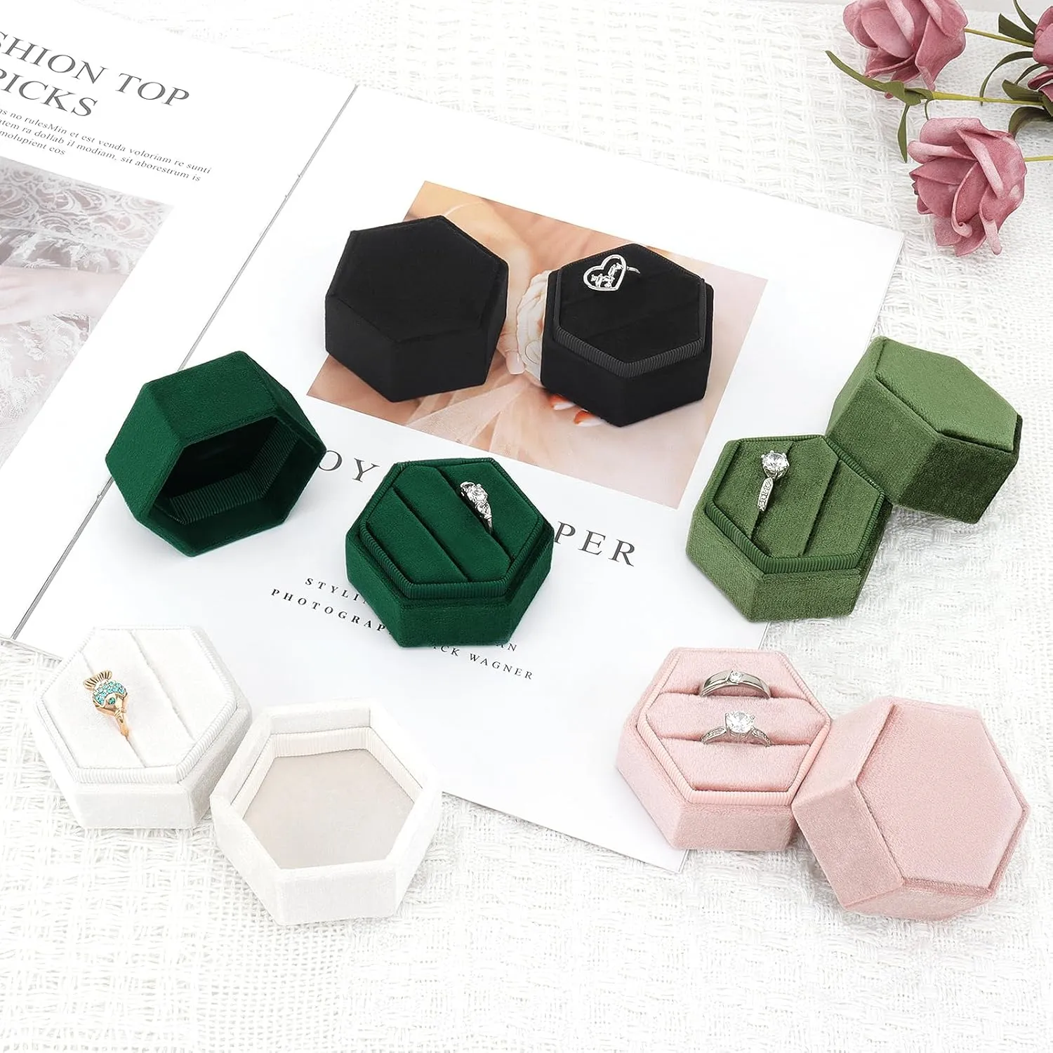 DesignSter Velvet Jewelry Ring Box,2 Slots Jewelry Ring Gift Box Vintage Ring Display Holder with Detachable Lid for Proposal, Engagement, Wedding, Ceremony(Beige)