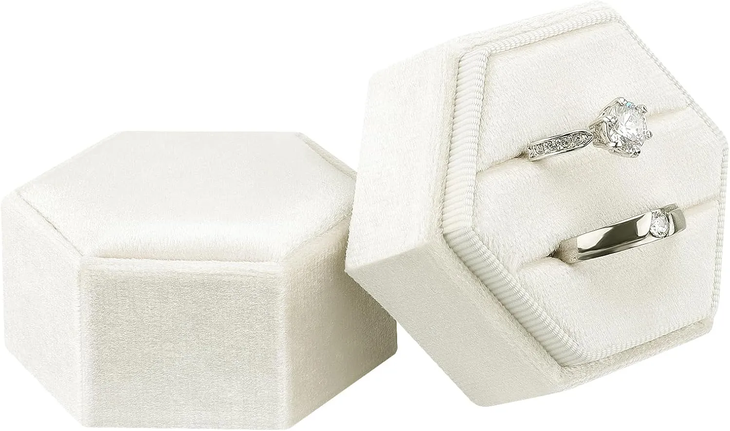DesignSter Velvet Jewelry Ring Box,2 Slots Jewelry Ring Gift Box Vintage Ring Display Holder with Detachable Lid for Proposal, Engagement, Wedding, Ceremony(Beige)
