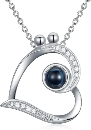 Diamond Projection Necklace Custom Photo/Name 925 Sterling Silver Heart Pendant Necklace I Love You 100 Languages Necklaces for Women