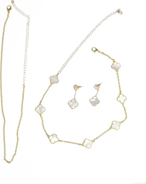 Diva's Onyx-White Mother Pearl Clover, Butter Fly Shape Red Jade Adjustable For Chocker or Necklaces-Earring Set 18K Gold Plated, Natural Stones
