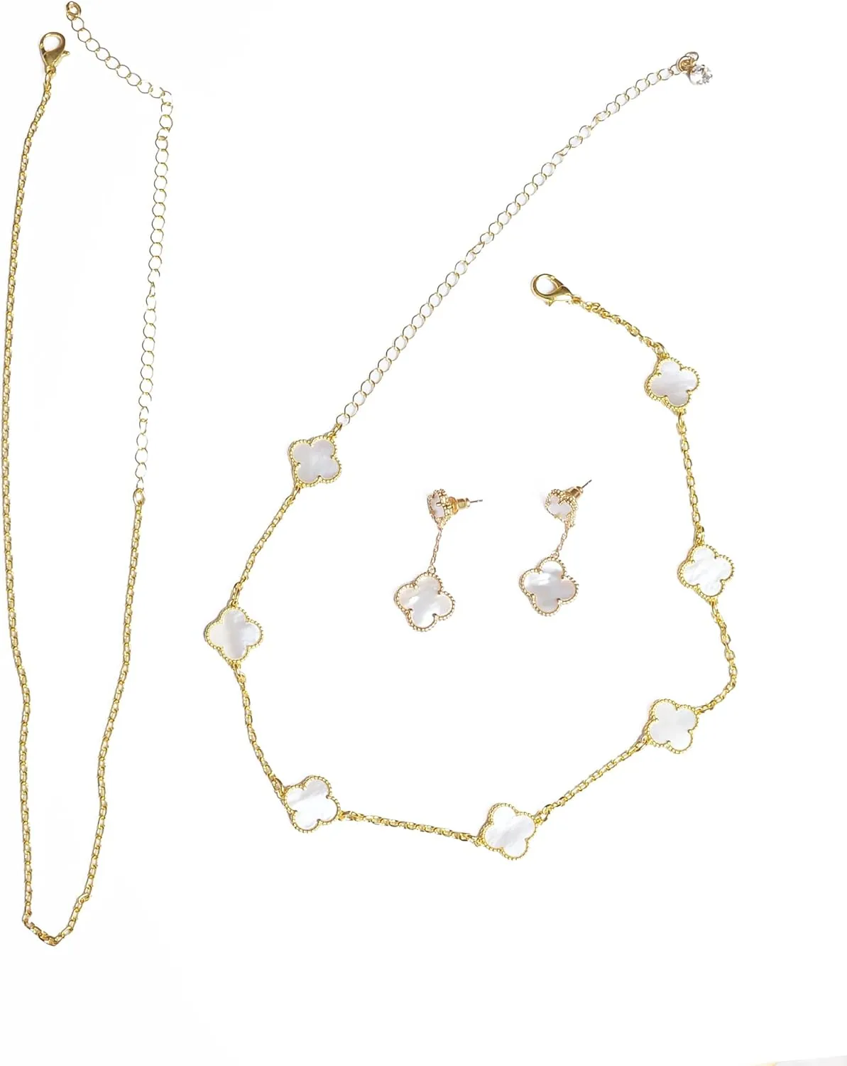 Diva's Onyx-White Mother Pearl Clover, Butter Fly Shape Red Jade Adjustable For Chocker or Necklaces-Earring Set 18K Gold Plated, Natural Stones