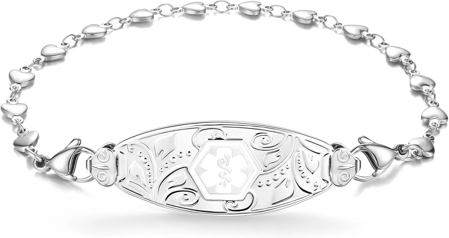 Divoti Medical Alert Bracelets for Women, Custom Engraved Filigree Medical ID Bracelet, w/Heart Link  Color/Size