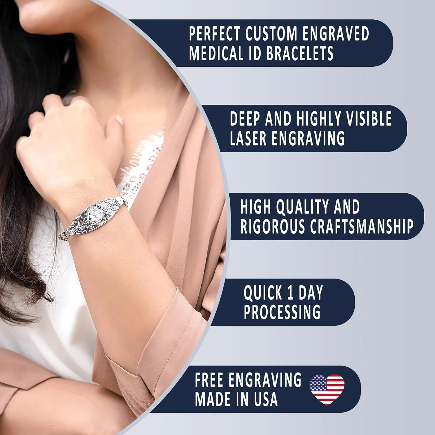 Divoti Medical Alert Bracelets for Women, Custom Engraved Filigree Medical ID Bracelet, w/Heart Link  Color/Size