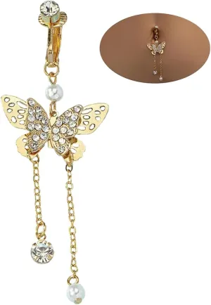 eartif Butterfly Dangle Belly Button Rings for Women Dangling CZ Fake Belly Ring Clip On Belly Non Piercing Jewelry Gifts