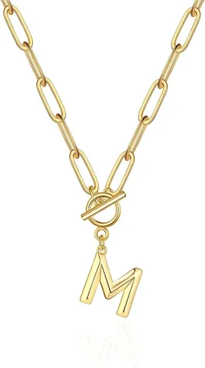 Eben-Ezer Toggle Clasp Capital A-Z Initial Necklace for Women Hiphop Plated Brass Alphabet Pendant Necklaces Thick Chain OT Buckle Necklace(P)