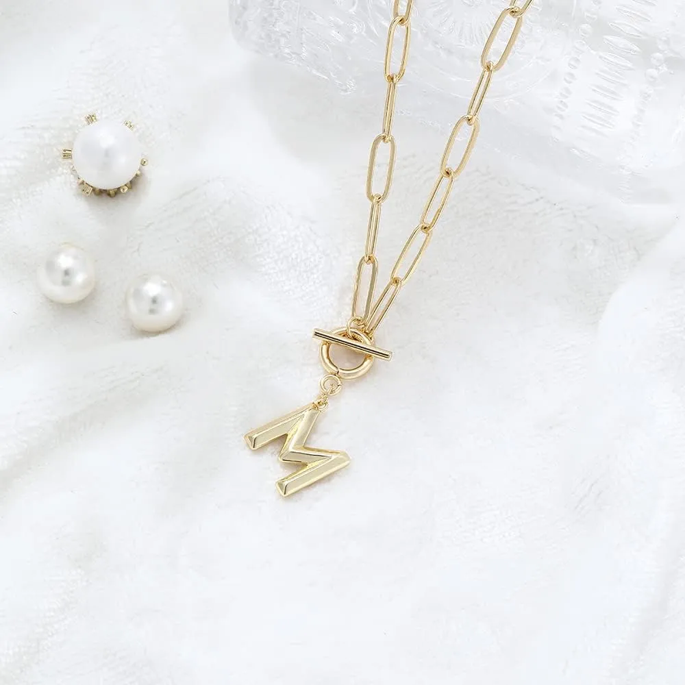 Eben-Ezer Toggle Clasp Capital A-Z Initial Necklace for Women Hiphop Plated Brass Alphabet Pendant Necklaces Thick Chain OT Buckle Necklace(P)