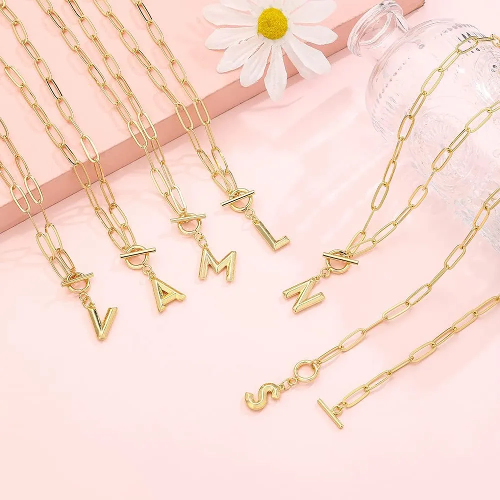 Eben-Ezer Toggle Clasp Capital A-Z Initial Necklace for Women Hiphop Plated Brass Alphabet Pendant Necklaces Thick Chain OT Buckle Necklace(P)
