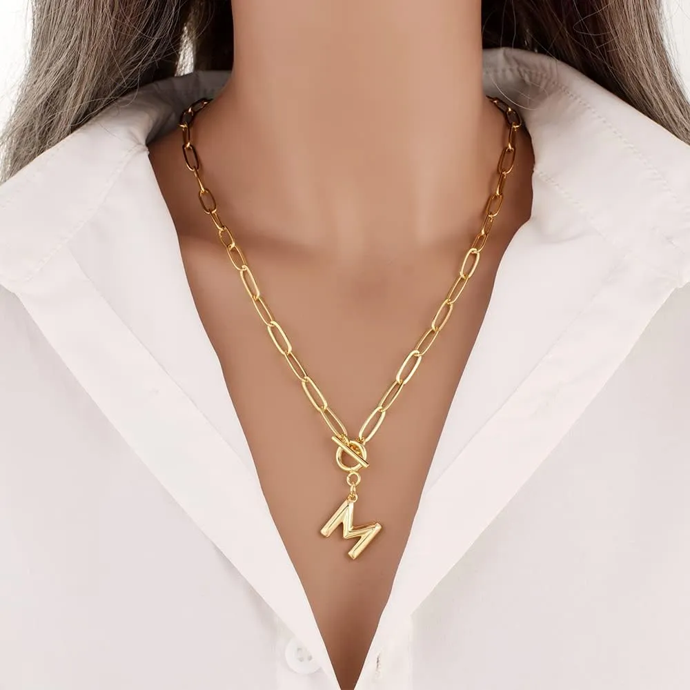 Eben-Ezer Toggle Clasp Capital A-Z Initial Necklace for Women Hiphop Plated Brass Alphabet Pendant Necklaces Thick Chain OT Buckle Necklace(P)