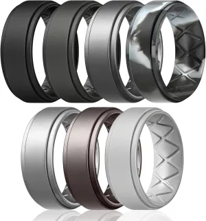 Egnaro Silicone Wedding Rings Mens, Inner Arc Breathable Design Silicone Rings for Men, 7 Rings / 4 Rings / 1 Ring Step Edge Rubber Wedding Engagement Bands Comfort for Workout, 8mm Wide-2mm Thick