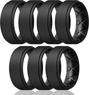 Egnaro Silicone Wedding Rings Mens, Inner Arc Breathable Design Silicone Rings for Men, 7 Rings / 4 Rings / 1 Ring Step Edge Rubber Wedding Engagement Bands Comfort for Workout, 8mm Wide-2mm Thick
