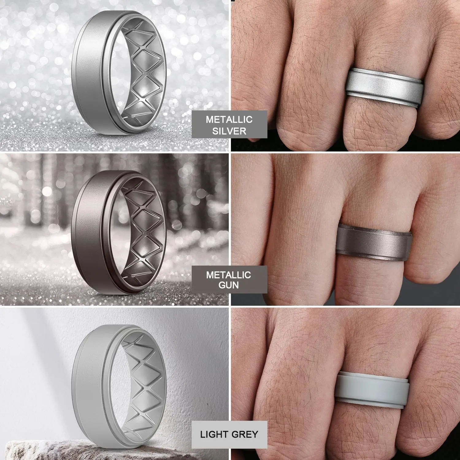 Egnaro Silicone Wedding Rings Mens, Inner Arc Breathable Design Silicone Rings for Men, 7 Rings / 4 Rings / 1 Ring Step Edge Rubber Wedding Engagement Bands Comfort for Workout, 8mm Wide-2mm Thick