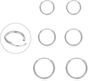 EPIRORA Silver Hoop Earrings for Women Men- Cartilage Earring Endless Small Hoop Earrings Set,3 Pairs of Hypoallergenic 925 Sterling Silver Tragus Earrings Nose Lip Rings