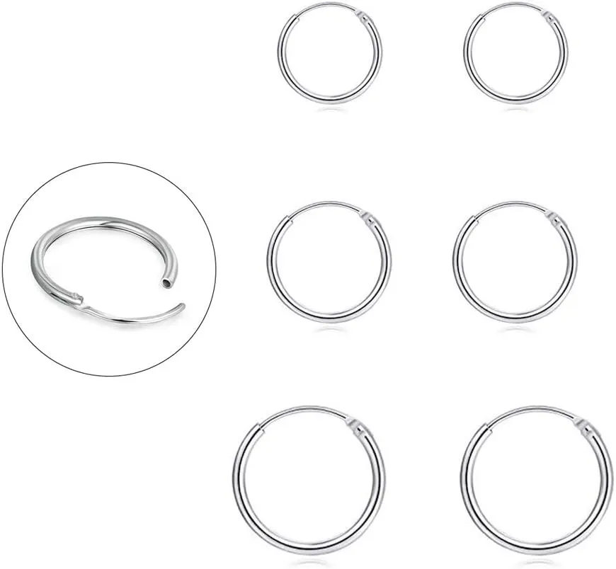 EPIRORA Silver Hoop Earrings for Women Men- Cartilage Earring Endless Small Hoop Earrings Set,3 Pairs of Hypoallergenic 925 Sterling Silver Tragus Earrings Nose Lip Rings