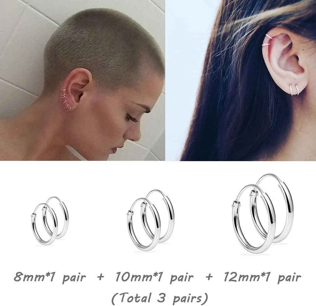 EPIRORA Silver Hoop Earrings for Women Men- Cartilage Earring Endless Small Hoop Earrings Set,3 Pairs of Hypoallergenic 925 Sterling Silver Tragus Earrings Nose Lip Rings