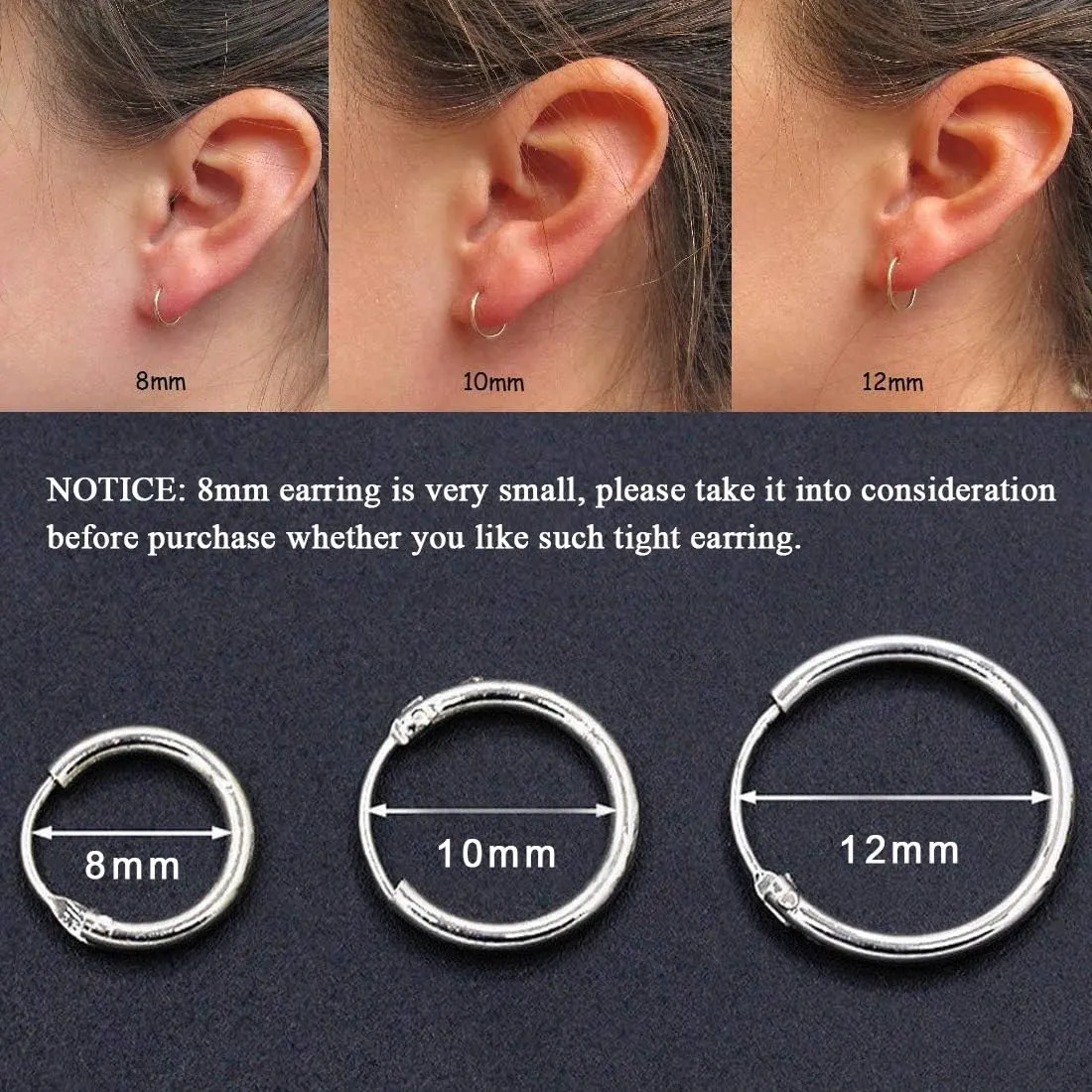 EPIRORA Silver Hoop Earrings for Women Men- Cartilage Earring Endless Small Hoop Earrings Set,3 Pairs of Hypoallergenic 925 Sterling Silver Tragus Earrings Nose Lip Rings