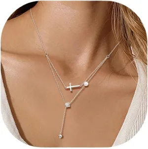 EVER FAITH 925 Sterling Silver Dainty White Cubic Zirconia Round Bead Charm Faux Pearl Y-Shaped Layered Necklaces Religious Cross Lariat Choker Necklace Jewelry for Women
