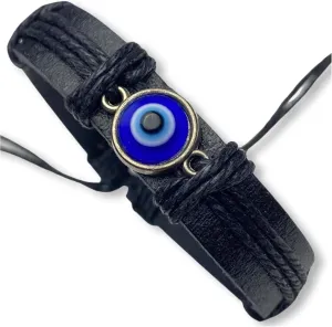 Evil Eye Bracelets for Men, Nazar Charms on a Handmade Black Leather Adjustable Wrap, Hamsa Hand Jewelry