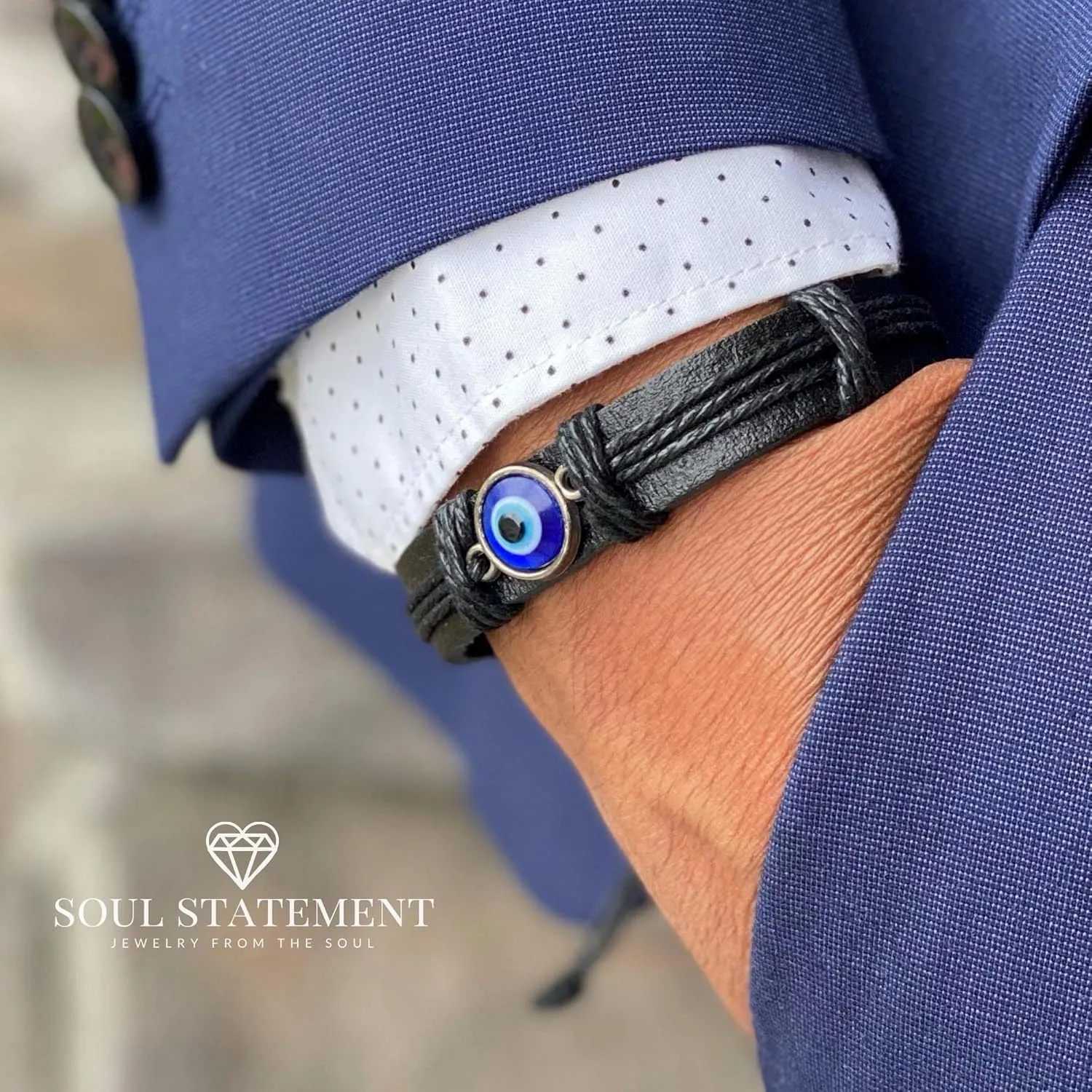 Evil Eye Bracelets for Men, Nazar Charms on a Handmade Black Leather Adjustable Wrap, Hamsa Hand Jewelry