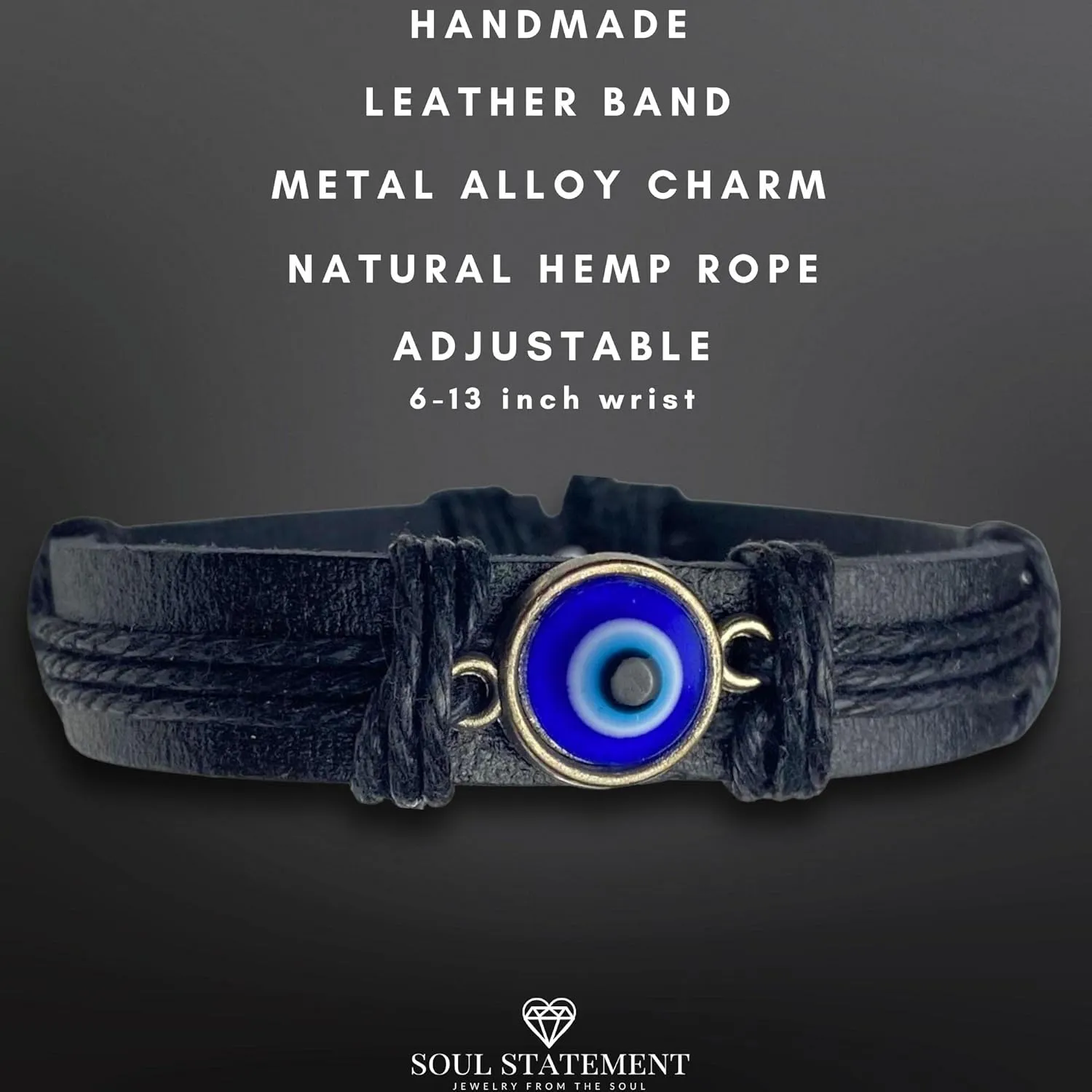 Evil Eye Bracelets for Men, Nazar Charms on a Handmade Black Leather Adjustable Wrap, Hamsa Hand Jewelry