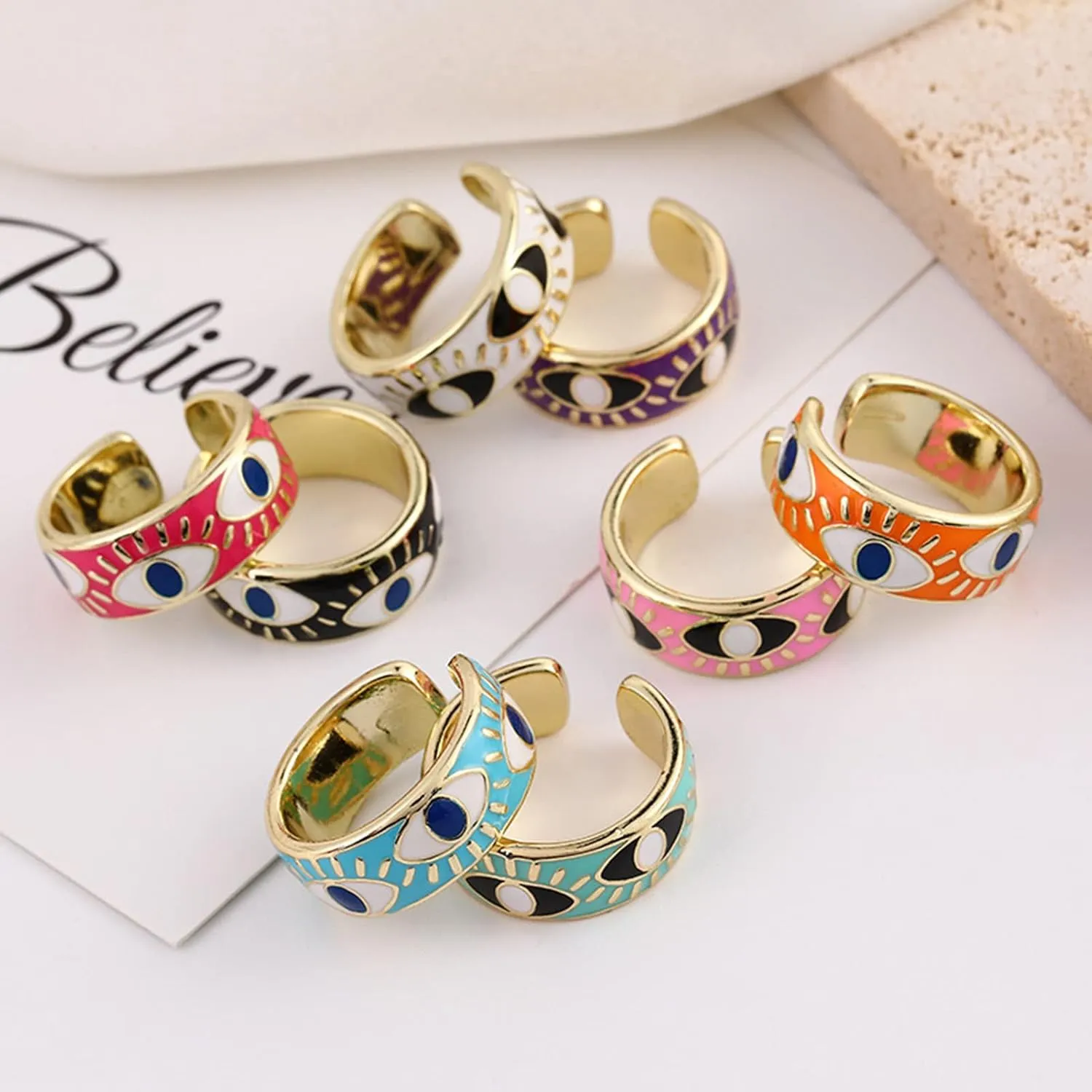 Evil Eye Ring for Women Gold Colorful Enamel Chunky Rings Adjustable Statement Aesthetic Rings Protection Jewelry